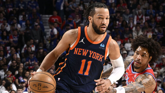 PHILADELPHIA, PA - APRIL 28: Jalen Brunson #11 of the New York Knicks dribbles the ball during the game against the Philadelphia 76ers during Round 1 Game 4 of the 2024 NBA Playoffs on April 28, 2024 at the Wells Fargo Center in Philadelphia, Pennsylvania NOTE TO USER: User expressly acknowledges and agrees that, by downloading and/or using this Photograph, user is consenting to the terms and conditions of the Getty Images License Agreement. Mandatory Copyright Notice: Copyright 2024 NBAE