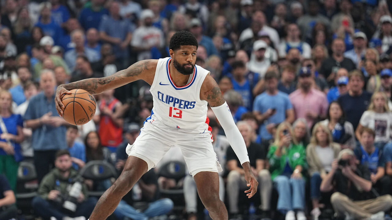 DALLAS, TX - APRIL 28: Paul George #13 of the LA Clippers handles the ball during the game against the Dallas Mavericks during Round 1 Game 4 of the 2024 NBA Playoffs on April 28, 2024 at the American Airlines Center in Dallas, Texas. Mandatory Copyright Notice: Copyright 2024 NBAE