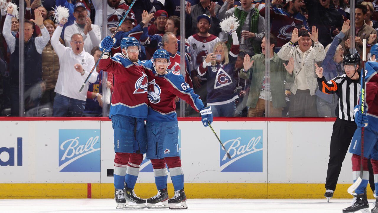 DENVER, COLORADO - APRIL 28: Valeri Nichushkin #13, Artturi Lehkonen #62 and Cale Makar #8 of the Colorado Avalanche celebrate a goal against the Winnipeg Jets in Game Four of the First Round of the 2024 Stanley Cup Playoffs at Ball Arena on April 28, 2024 in Denver, Colorado.