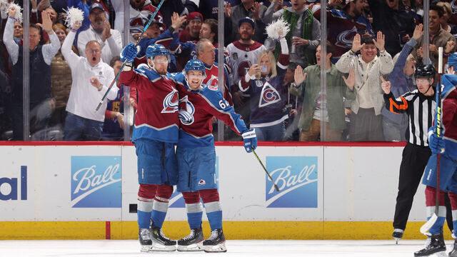 DENVER, COLORADO - APRIL 28: Valeri Nichushkin #13, Artturi Lehkonen #62 and Cale Makar #8 of the Colorado Avalanche celebrate a goal against the Winnipeg Jets in Game Four of the First Round of the 2024 Stanley Cup Playoffs at Ball Arena on April 28, 2024 in Denver, Colorado.