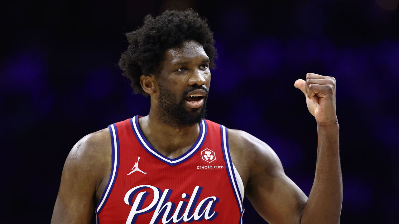PHILADELPHIA, PENNSYLVANIA - APRIL 28: Joel Embiid #21 of the Philadelphia 76ers reacts during the fourth quarter against the New York Knicks during game four of the Eastern Conference First Round Playoffs at the Wells Fargo Center on April 28, 2024 in Philadelphia, Pennsylvania. NOTE TO USER: User expressly acknowledges and agrees that, by downloading and/or using this Photograph, user is consenting to the terms and conditions of the Getty Images License Agreement.