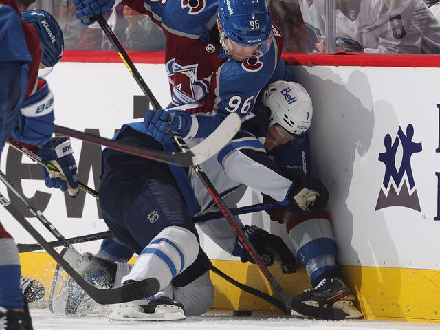 DENVER, COLORADO - APRIL 28: Mikko Rantanen #96 of the Colorado Avalanche skates against Vladislav Namestnikov #7 of the Winnipeg Jets in Game Four of the First Round of the 2024 Stanley Cup Playoffs at Ball Arena on April 28, 2024 in Denver, Colorado.