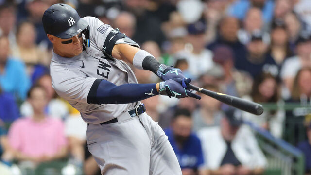 MILWAUKEE, WISCONSIN - APRIL 27: Aaron Judge #99 of the New York Yankees at bat during a game against the Milwaukee Brewers at American Family Field on April 27, 2024 in Milwaukee, Wisconsin.