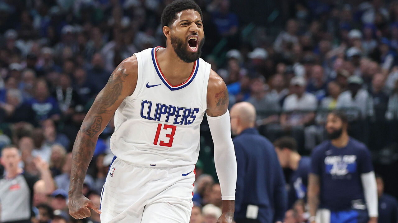 DALLAS, TX - APRIL 28: Paul George #13 of the LA Clippers celebrates during the game against the Dallas Mavericks during Round 1 Game 4 of the 2024 NBA Playoffs on April 28, 2024 at the American Airlines Center in Dallas, Texas. Mandatory Copyright Notice: Copyright 2024 NBAE