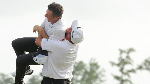 AVONDALE, LOUISIANA - APRIL 28: (L-R) Rory McIlroy of Northern Ireland and Shane Lowry of Ireland celebrate on the 18th green after winning the final round of the Zurich Classic of New Orleans at TPC Louisiana on April 28, 2024 in Avondale, Louisiana.