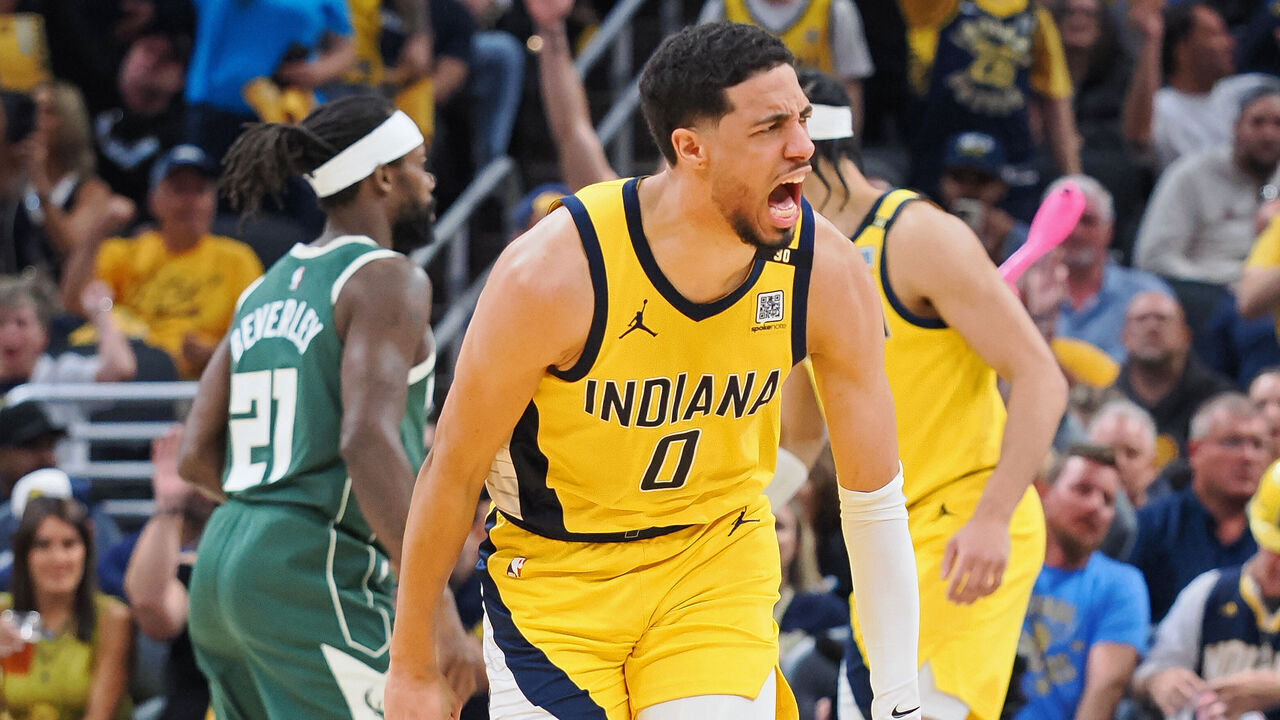 INDIANAPOLIS, IN - APRIL 28: Tyrese Haliburton #0 of the Indiana Pacers celebrates during the game against the Milwaukee Bucks during Round 1 Game 4 of the 2024 NBA Playoffs on April 28, 2024 at Gainbridge Fieldhouse in Indianapolis, Indiana. Mandatory Copyright Notice: Copyright 2024 NBAE