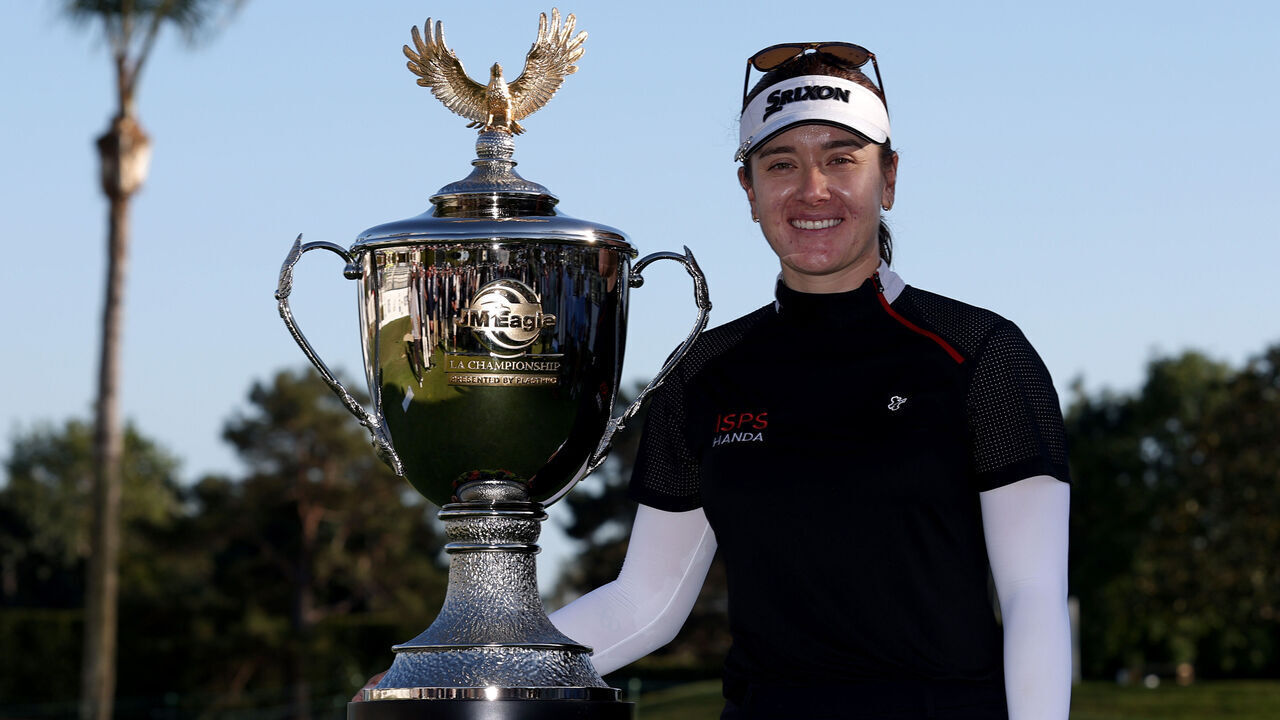 LOS ANGELES, CALIFORNIA - APRIL 28: Hannah Green of Australia poses with the trophy after winning the JM Eagle LA Championship presented by Plastpro at Wilshire Country Club on April 28, 2024 in Los Angeles, California.