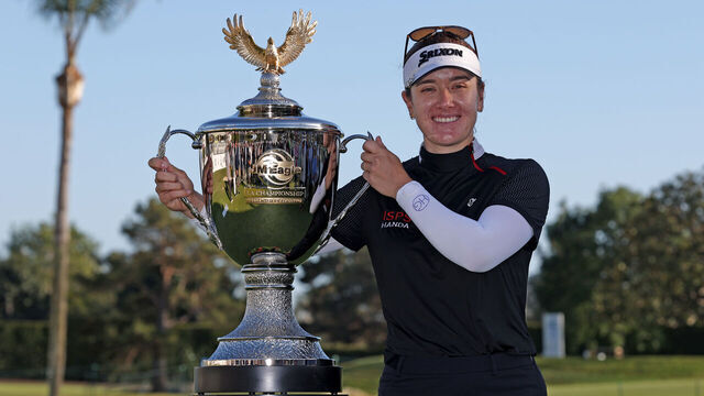 LOS ANGELES, CALIFORNIA - APRIL 28: Hannah Green of Australia poses with the trophy after winning the JM Eagle LA Championship presented by Plastpro at Wilshire Country Club on April 28, 2024 in Los Angeles, California.