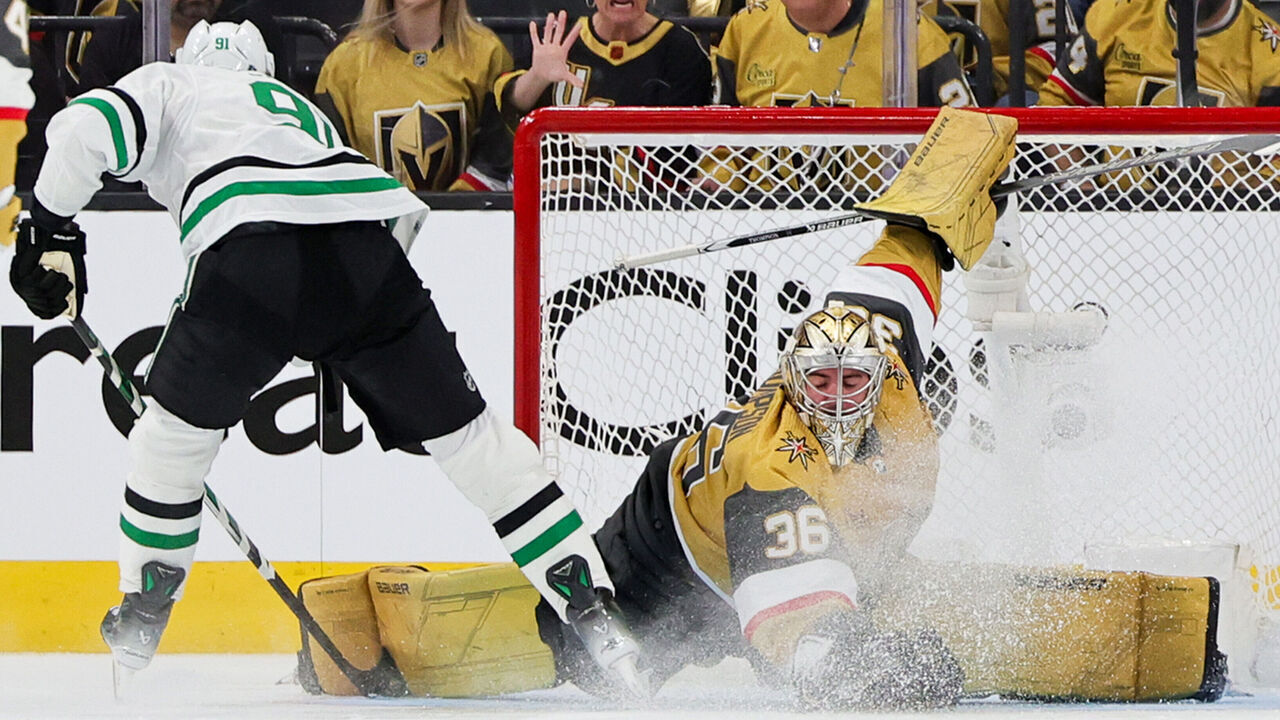 LAS VEGAS, NEVADA - APRIL 27: Logan Thompson #36 of the Vegas Golden Knights makes a save against Tyler Seguin #91 of the Dallas Stars in the second period of Game Three of the First Round of the 2024 Stanley Cup Playoffs at T-Mobile Arena on April 27, 2024 in Las Vegas, Nevada. The Stars defeated the Golden Knights 3-2 in overtime.