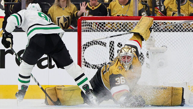 LAS VEGAS, NEVADA - APRIL 27: Logan Thompson #36 of the Vegas Golden Knights makes a save against Tyler Seguin #91 of the Dallas Stars in the second period of Game Three of the First Round of the 2024 Stanley Cup Playoffs at T-Mobile Arena on April 27, 2024 in Las Vegas, Nevada. The Stars defeated the Golden Knights 3-2 in overtime.