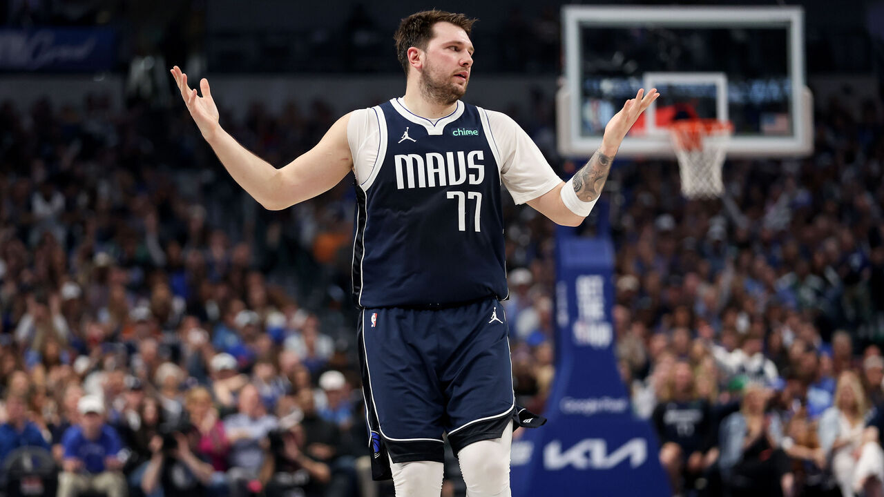 DALLAS, TEXAS - APRIL 28: Luka Doncic #77 of the Dallas Mavericks reacts in the first half against the Los Angeles Clippers during game four of the Western Conference First Round Playoffs at American Airlines Center on April 28, 2024 in Dallas, Texas.