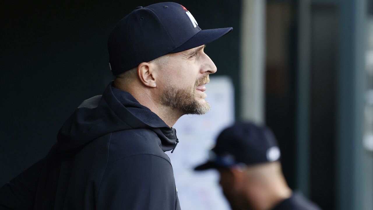 DETROIT, MI - APRIL 13: Manager Rocco Baldelli #5 of the Minnesota Twins looks from the dugout during game two of a doubleheader against the Detroit Tigers at Comerica Park on April 13, 2024 in Detroit, Michigan.