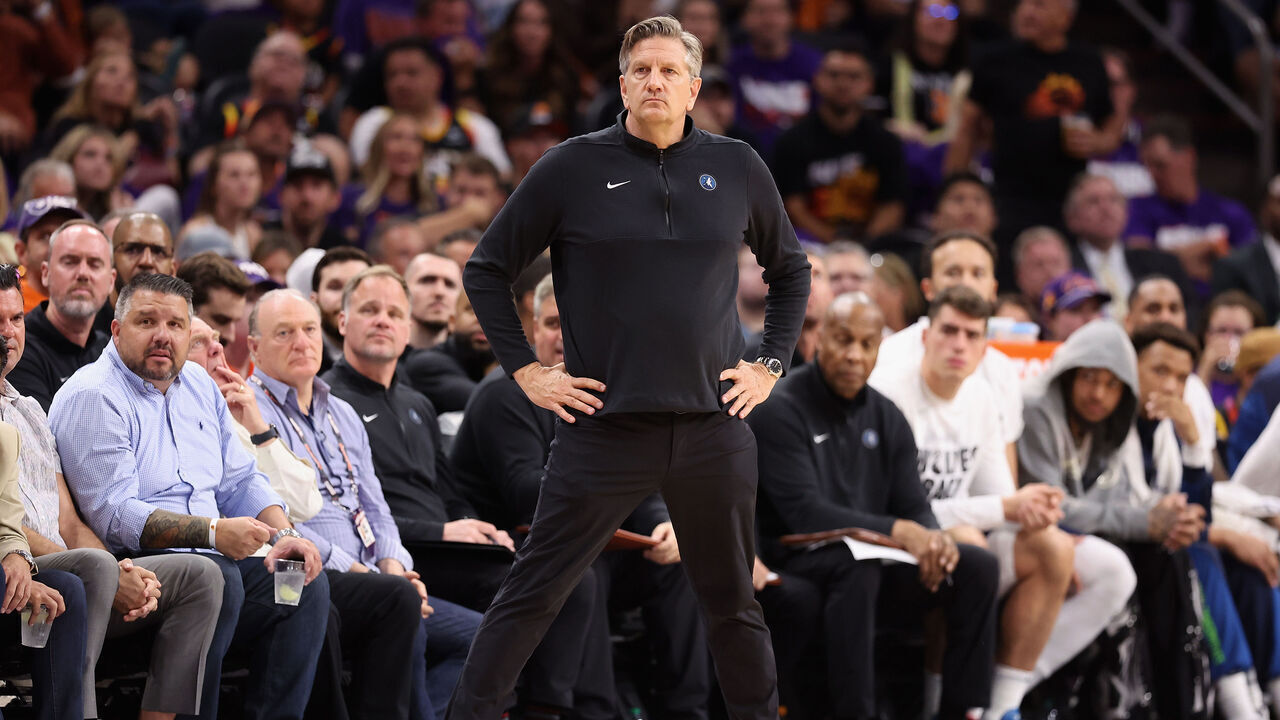 PHOENIX, ARIZONA - APRIL 26: Head coach Chris Finch of the Minnesota Timberwolves looks on during the first half of game three of the Western Conference First Round Playoffs against the Phoenix Suns at Footprint Center on April 26, 2024 in Phoenix, Arizona. ˆ