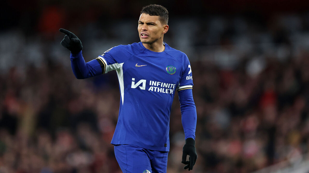LONDON, ENGLAND - APRIL 23: Thiago Silva of Chelsea reacts during the Premier League match between Arsenal FC and Chelsea FC at Emirates Stadium on April 23, 2024 in London, England.