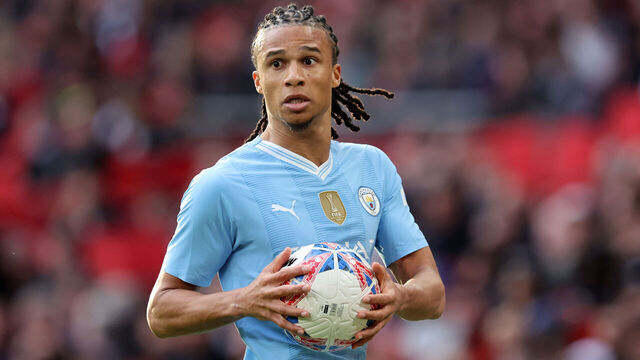 LONDON, ENGLAND - APRIL 20: Nathan Ake of Manchester City during the Emirates FA Cup Semi Final match between Manchester City and Chelsea at Wembley Stadium on April 20, 2024 in London, England.