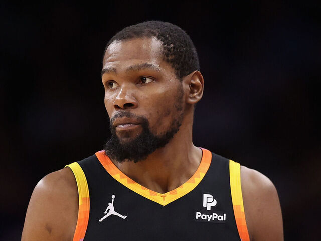 PHOENIX, ARIZONA - APRIL 28: Kevin Durant #35 of the Phoenix Suns reacts during the second half of game four of the Western Conference First Round Playoffs at Footprint Center on April 28, 2024 in Phoenix, Arizona. The Timberwolves defeated the Suns 122-116 and win the series 4-0.
