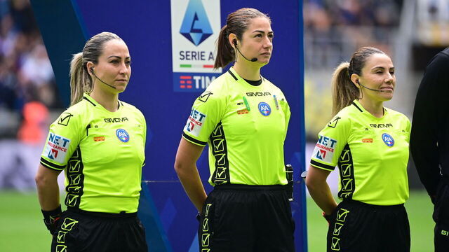 Assistant referee Tiziana Trasciatti (L), Referee Maria Sole Ferrieri Caputi (C) and Assistant referee Francesca Di Monte look on before the start of the Italian Serie A football match between Inter Milan and Torino at the San Siro Stadium in Milan, on April 28, 2024. Inter clinched their 20th Scudetto with a 2-1 victory over AC Milan on April 22, 2024.