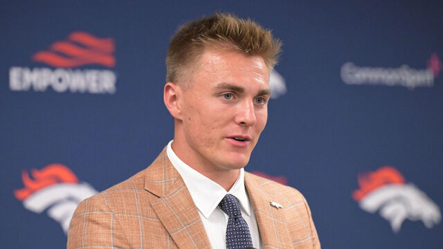 ENGLEWOOD, CO - APRIL 26 : Denver Broncos quarterback Bo Nix introduced at Centura Health Training Center in Englewood, Colorado on Friday, April 26, 2024.