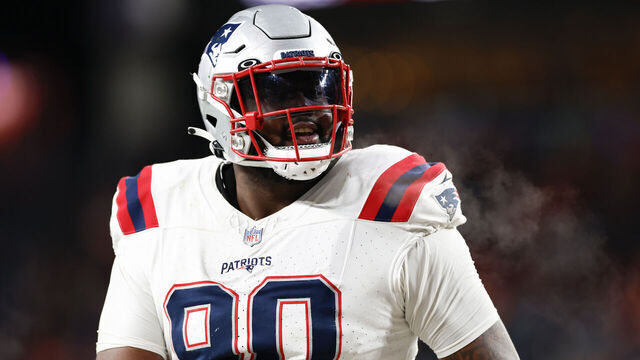 Denver, CO - December 24: New England Patriots DT Christian Barmore celebrates a sack in the second half. The Patriots beat the Denver Broncos, 26-23.