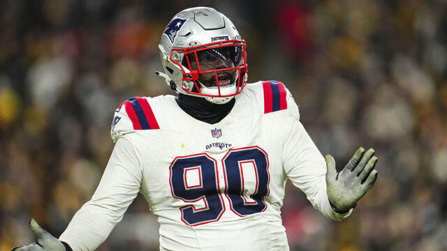 PITTSBURGH, PA - DECEMBER 07: Christian Barmore #90 of the New England Patriots reacts during an NFL football game against the Pittsburgh Steelers at Acrisure Stadium on December 7, 2023 in Pittsburgh, Pennsylvania.