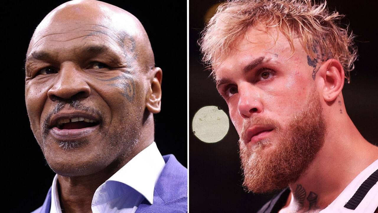 FILE PHOTO (EDITOR'S NOTE: COMPOSITE OF IMAGES - Image numbers 1469806982 and 1437611311) In this composite image a comparison between Former Boxer Mike Tyson (L) and Jake Paul (R). Tyson and Paul face in July 2024 exhibition fight. ***LEFT IMAGE*** RIYADH, SAUDI ARABIA - FEBRUARY 26: Former Boxer Mike Tyson looks on prior to the Cruiserweight Title fight between Jake Paul and Tommy Fury at the Diriyah Arena on February 26, 2023 in Riyadh, Saudi Arabia.