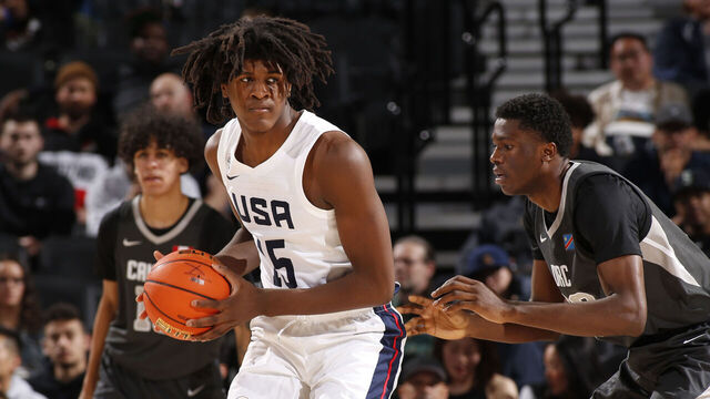 PORTLAND, OR - APRIL 13: Jayden Quaintance #15 of Team USA handles the ball during the game against Team World during the 2024 Nike Hoop Summit on April 13, 2024 at the Moda Center Arena in Portland, Oregon. Mandatory Copyright Notice: Copyright 2024 NBAE