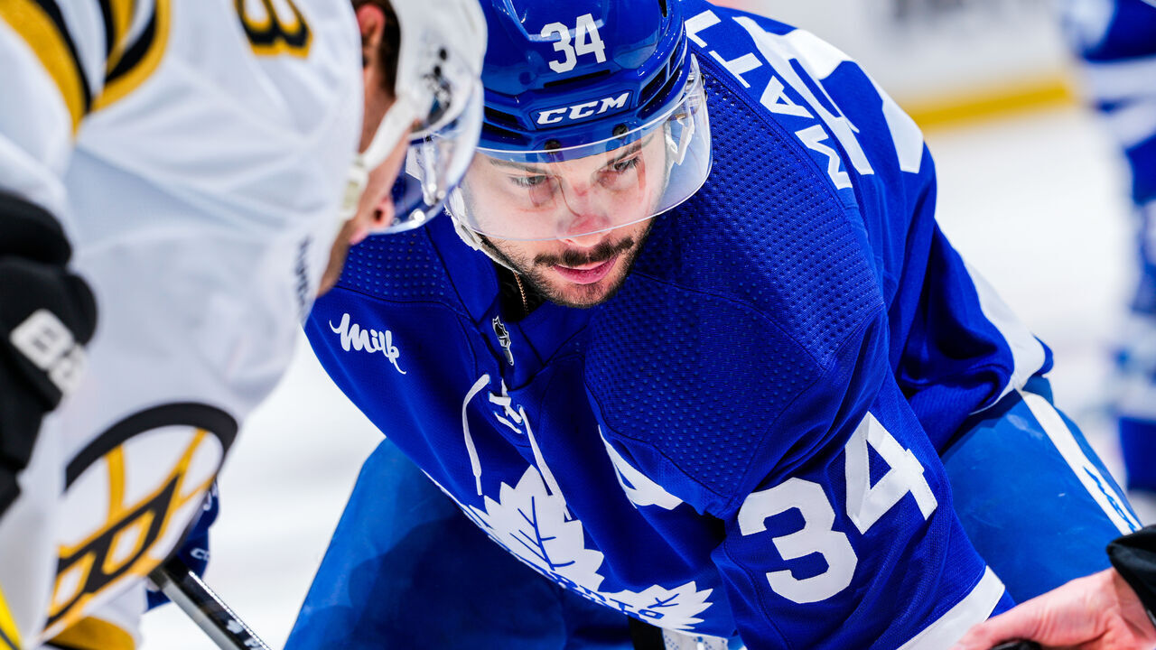 TORONTO, ON - APRIL 24: Auston Matthews #34 of the Toronto Maple Leafs takes a face-off against the Boston Bruins during the first period in Game Three of the First Round of the 2024 Stanley Cup Playoffs at Scotiabank Arena on April 24, 2024 in Toronto, Ontario, Canada.