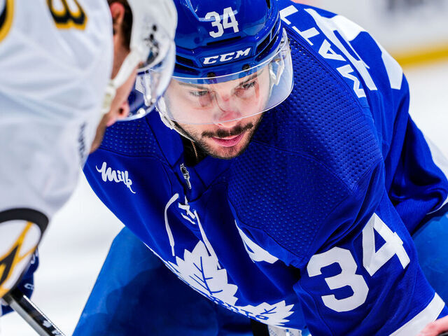 TORONTO, ON - APRIL 24: Auston Matthews #34 of the Toronto Maple Leafs takes a face-off against the Boston Bruins during the first period in Game Three of the First Round of the 2024 Stanley Cup Playoffs at Scotiabank Arena on April 24, 2024 in Toronto, Ontario, Canada.