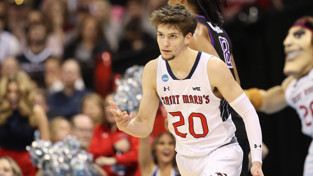 SPOKANE, WASHINGTON - MARCH 22: Aidan Mahaney #20 of the St. Mary's Gaels reacts after a made basket against the Grand Canyon Antelopes during the second half in the first round of the NCAA Men's Basketball Tournament at Spokane Veterans Memorial Arena on March 22, 2024 in Spokane, Washington.