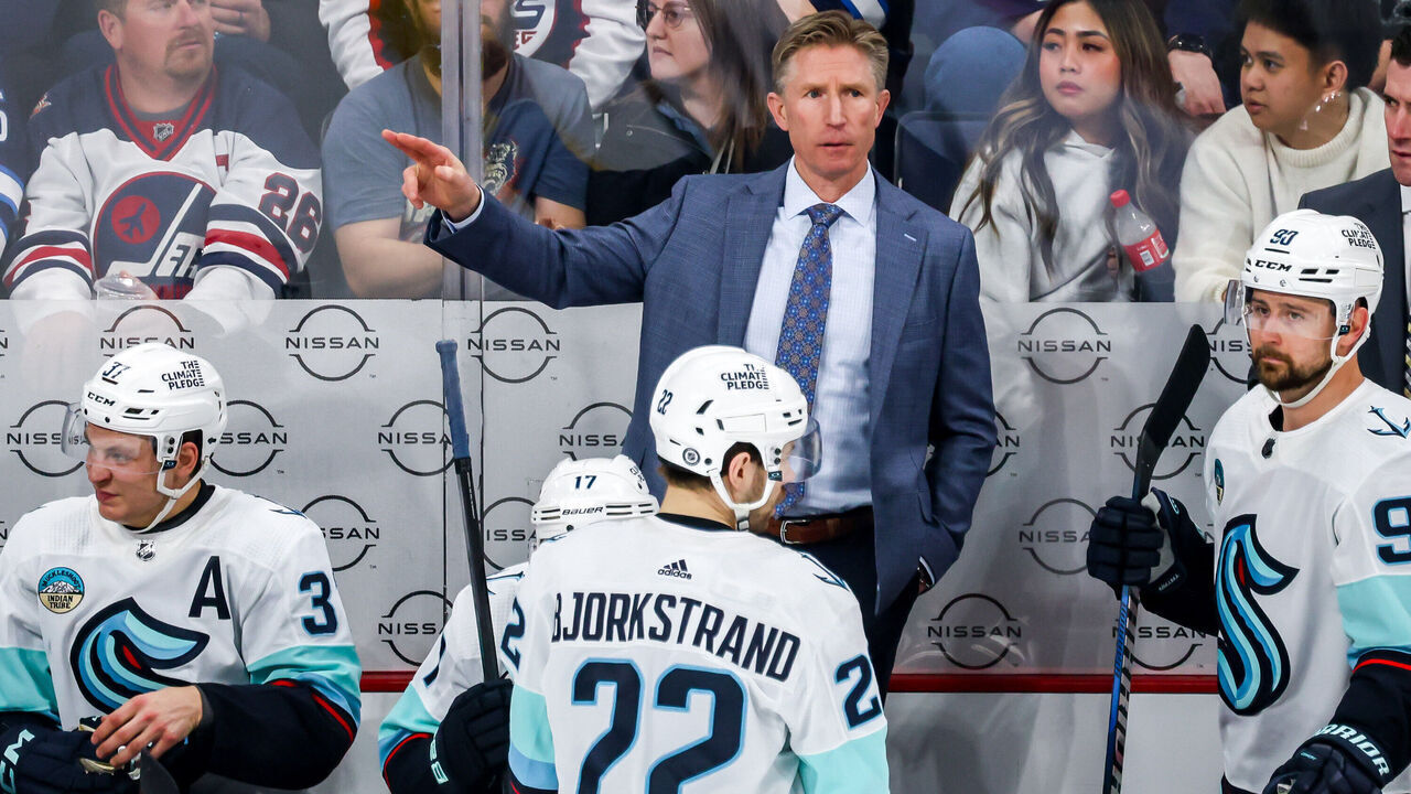 WINNIPEG, CANADA - APRIL 16: Head Coach Dave Hakstol of the Seattle Kraken makes a point during a third period stoppage in play against the Winnipeg Jets at the Canada Life Centre on April 16, 2024 in Winnipeg, Manitoba, Canada.