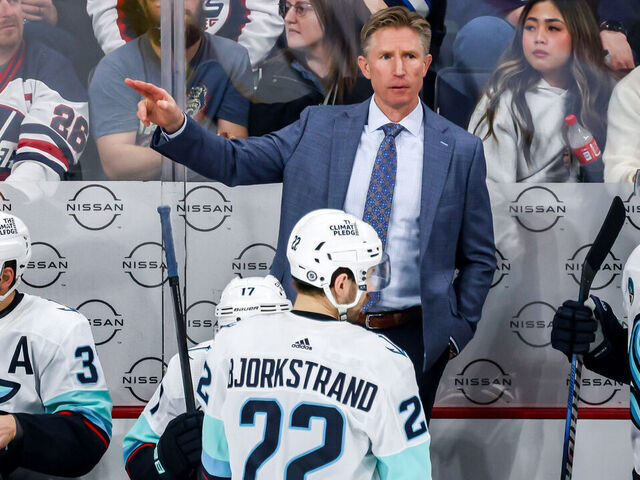 WINNIPEG, CANADA - APRIL 16: Head Coach Dave Hakstol of the Seattle Kraken makes a point during a third period stoppage in play against the Winnipeg Jets at the Canada Life Centre on April 16, 2024 in Winnipeg, Manitoba, Canada.