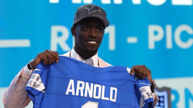 DETROIT, MICHIGAN - APRIL 25: Terrion Arnold poses after being selected 24th overall by the Detroit Lions during the first round of the 2024 NFL Draft at Campus Martius Park and Hart Plaza on April 25, 2024 in Detroit, Michigan.