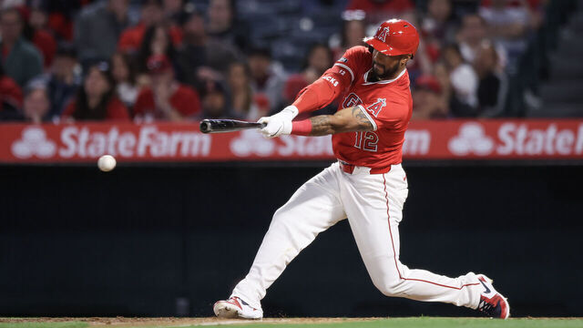 ANAHEIM, CALIFORNIA - APRIL 09: Aaron Hicks #12 of the Los Angeles Angels bats in the sixth inning against the Tampa Bay Rays at Angel Stadium of Anaheim on April 09, 2024 in Anaheim, California.