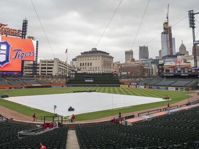 DETROIT, MI - APRIL 17: The rain tarp is pictured on the field before a regular season Major League Baseball game between the Texas Rangers and the Detroit Tigers on April 17, 2024 at Comerica Park in Detroit, Michigan.