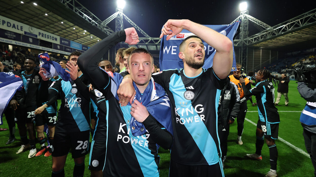 PRESTON, ENGLAND - APRIL 29: Jamie Vardy and Conor Coady of Leicester City celebrate at full-time following the team's victory to win the title following the Sky Bet Championship match between Preston North End and Leicester City at Deepdale on April 29, 2024 in Preston, England.