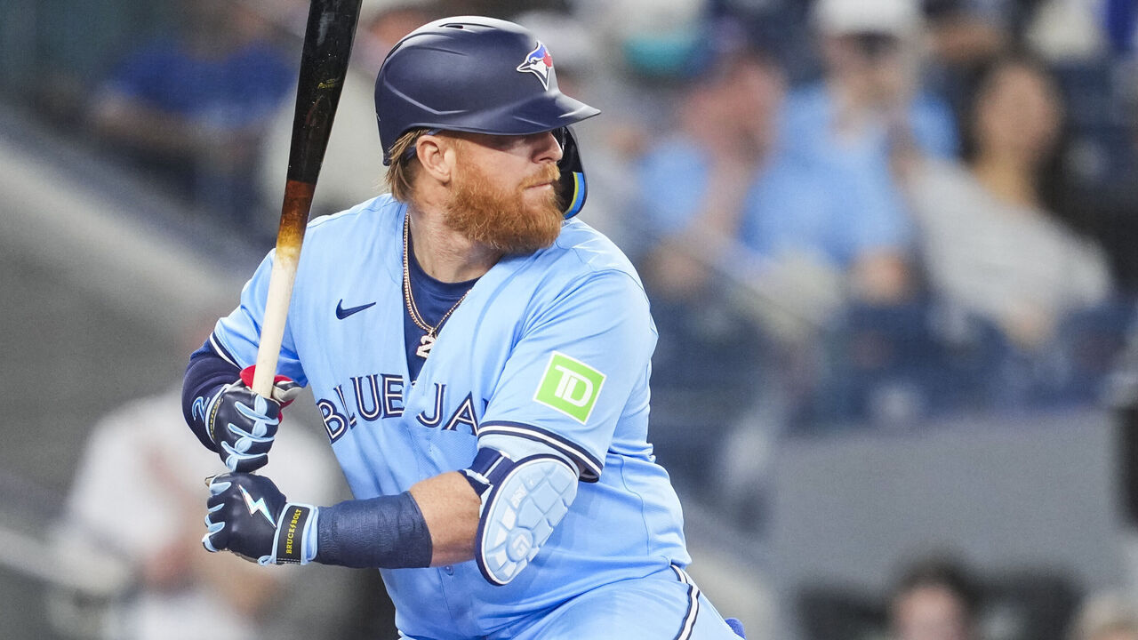 TORONTO, ON - APRIL 28: Justin Turner #2 of Toronto Blue Jays takes his batting stance while at bat against the Los Angeles Dodgers during the first inning in their MLB game at the Rogers Centre on April 28, 2024 in Toronto, Ontario, Canada.