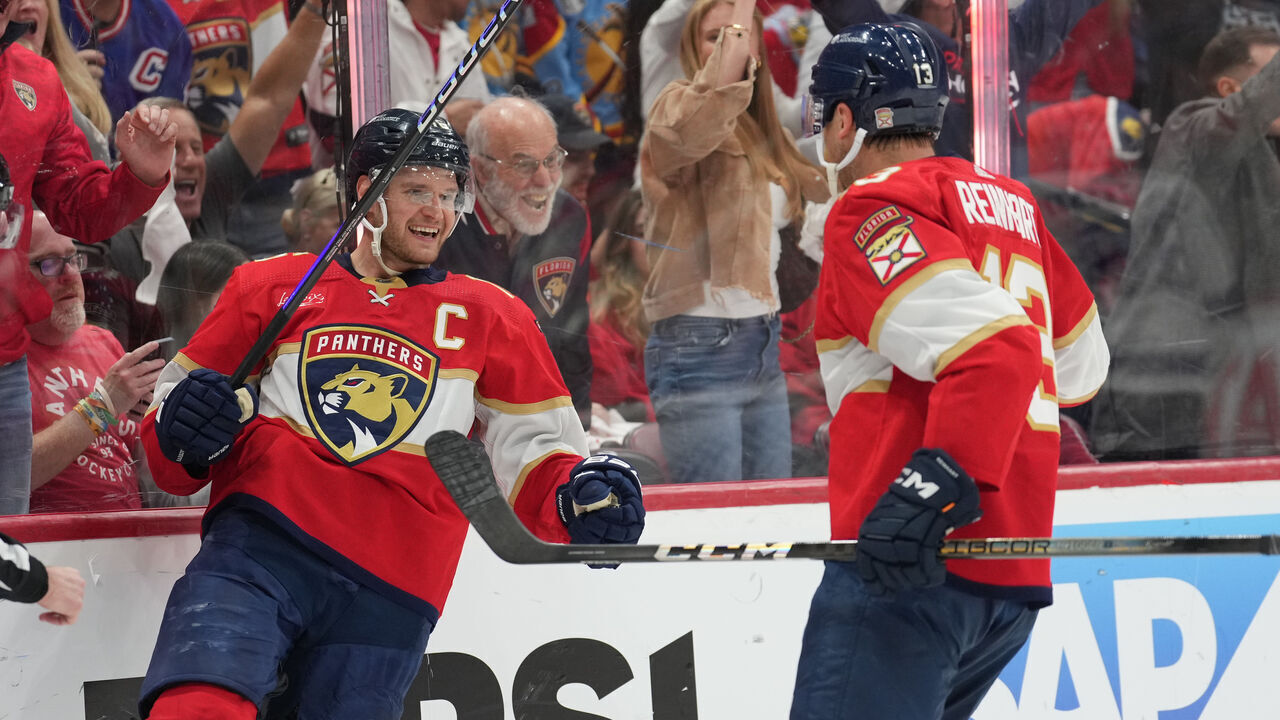 SUNRISE, FL - APRIL 29: Florida Panthers center Aleksander Barkov (16) celebrates his goal in the second period with Florida Panthers center Sam Reinhart (13) during game four of the Eastern Conference First Round between the Tampa Bay Lightning and the Florida Panthers at Amerant Bank Arena, Sunrise, Fla.