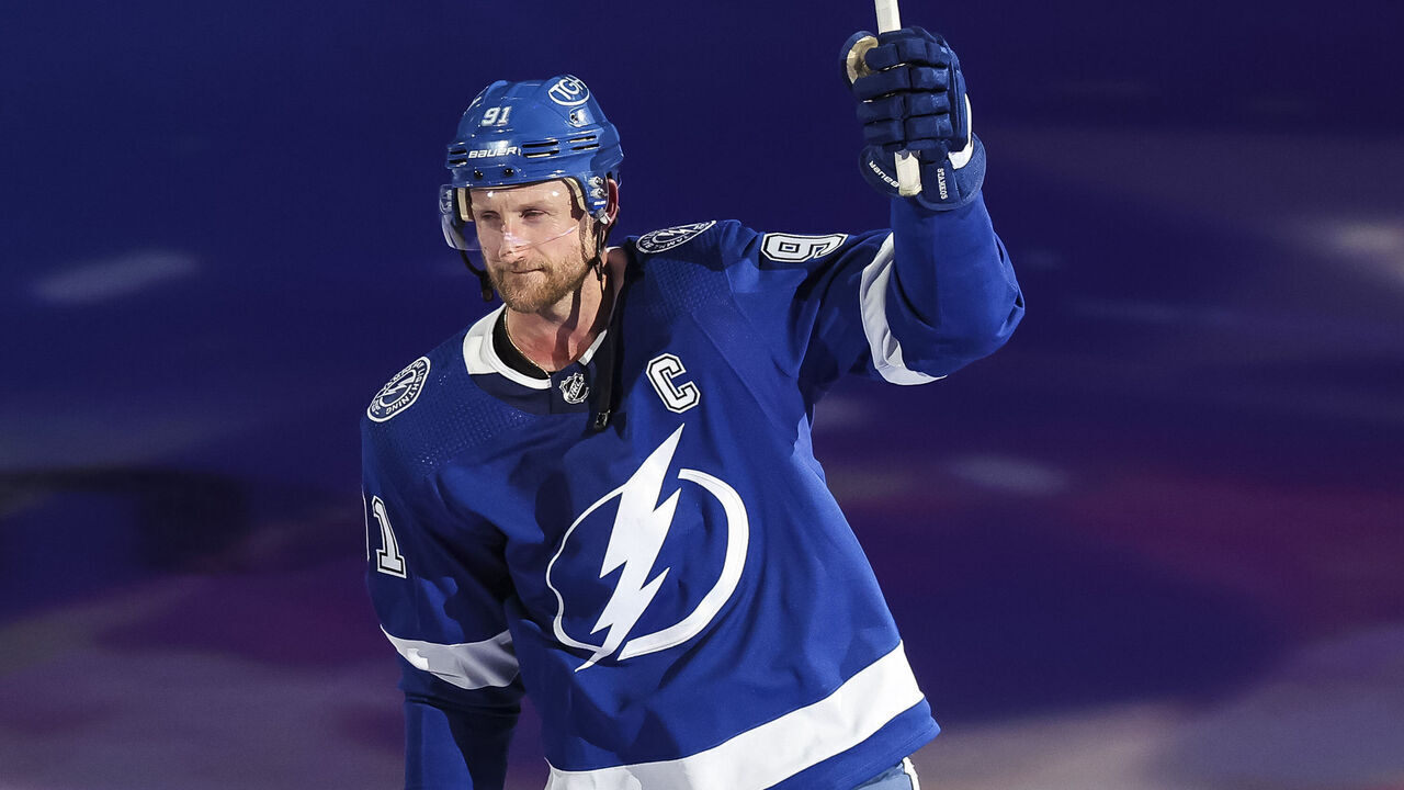 TAMPA, FL - APRIL 27: Steven Stamkos #91 of the Tampa Bay Lightning celebrates the win against the Florida Panthers in Game Four of the First Round of the 2024 Stanley Cup Playoffs at Amalie Arena on April 27, 2024 in Tampa, Florida.