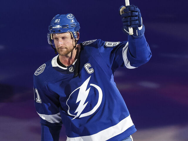 TAMPA, FL - APRIL 27: Steven Stamkos #91 of the Tampa Bay Lightning celebrates the win against the Florida Panthers in Game Four of the First Round of the 2024 Stanley Cup Playoffs at Amalie Arena on April 27, 2024 in Tampa, Florida.