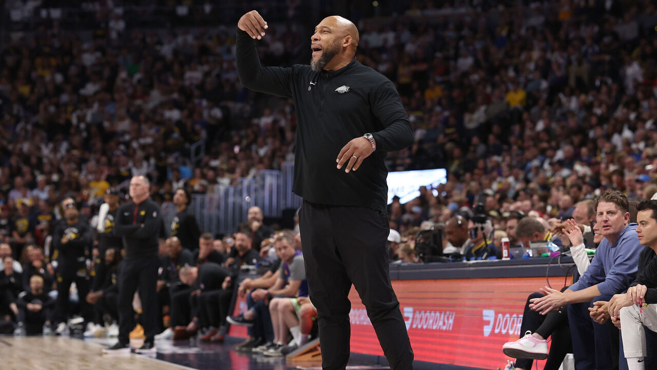 DENVER, COLORADO - APRIL 22: Head coach Darvin Ham of the Los Angeles Lakers directs his team against the Denver Nuggets in the fourth quarter during game two of the Western Conference First Round Playoffs at Ball Arena on April 22, 2024 in Denver, Colorado.