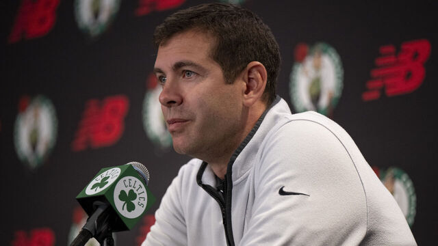 BOSTON, MASSACHUSETTS - OCTOBER 2: President of Basketball Operations Brad Stevens of the Boston Celtics addresses the media during Boston Celtics Media Day at The Auerbach Center on October 2, 2023 in Boston, Massachusetts.