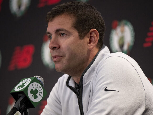 BOSTON, MASSACHUSETTS - OCTOBER 2: President of Basketball Operations Brad Stevens of the Boston Celtics addresses the media during Boston Celtics Media Day at The Auerbach Center on October 2, 2023 in Boston, Massachusetts.
