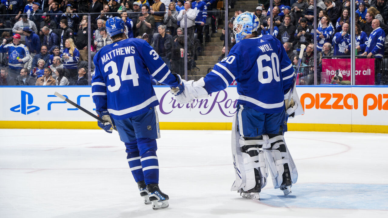 TORONTO, ON - FEBRUARY 29: Auston Matthews #34 of the Toronto Maple Leafs celebrates his goal against the Arizona Coyotes with teammate Joseph Woll #60 during the second period at Scotiabank Arena on February 29, 2024 in Toronto, Ontario, Canada.