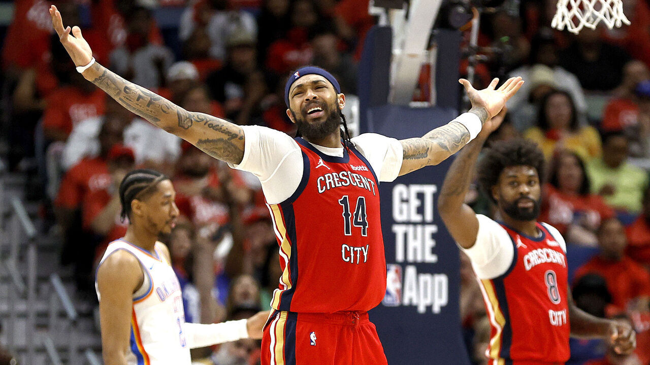 NEW ORLEANS, LOUISIANA - APRIL 27: Brandon Ingram #14 of the New Orleans Pelicans reacts to a no call during the third quarter in Game Three of the first round of the 2024 NBA Playoffs against the Oklahoma City Thunder at Smoothie King Center on April 27, 2024 in New Orleans, Louisiana.