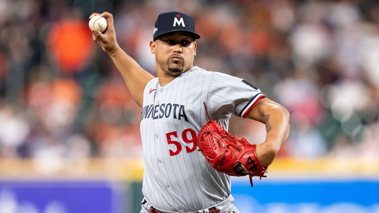 HOUSTON, TX - OCTOBER 08: Jhoan Duran #59 of the Minnesota Twins pitches during game two of the Division Series against the Houston Astros on October 8, 2023 at Minute Maid Park in Houston, Texas.