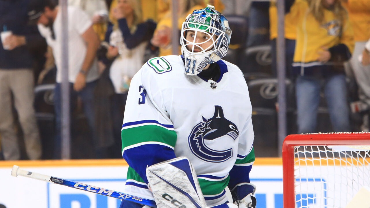 NASHVILLE, TN - APRIL 28: The artwork on the mask of Vancouver Canucks goalie Arturs Silovs (31) is shown during Game Four of the First Round of the Stanley Cup Playoffs between the Nashville Predators and Vancouver Canucks, held on April 28, 2024, at Bridgestone Arena in Nashville, Tennessee.