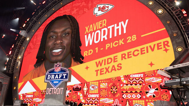 DETROIT, MI - APRIL 25: The Kansas City Chiefs select Texas Wide Receiver Xavier Worthy 28th overall during Day 1 of the NFL Draft on April 25, 2024 at Campus Martius Park and Hart Plaza in Detroit, MI.