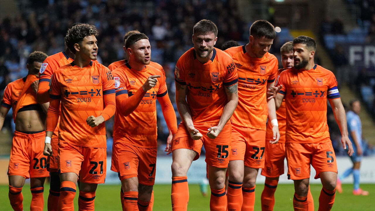 Ipswich Towns' Cameron Burgess (second right) celebrates scoring their side's second goal of the game during the Sky Bet Championship match at the Coventry Building Society Arena, Coventry. Picture date: Tuesday April 30, 2024.