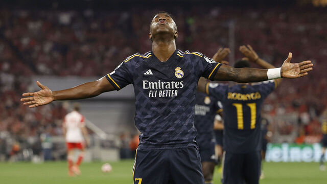MUNICH, GERMANY - APRIL 30: Vinicius Junior player of Real Madrid celebrates after scoring during the UEFA Champions League semi-final first leg match between FC Bayern München and Real Madrid at Allianz Arena on April 30, 2024 in Munich, Germany.