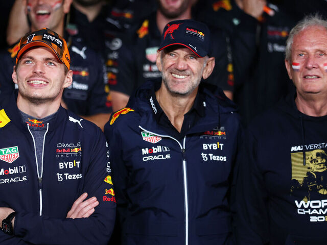 SUZUKA, JAPAN - OCTOBER 09: Race winner and 2022 F1 World Drivers Champion Max Verstappen of Netherlands and Oracle Red Bull Racing, Adrian Newey, the Chief Technical Officer of Red Bull Racing and Red Bull Racing Team Consultant Dr Helmut Marko watch race highlights on a screen after the F1 Grand Prix of Japan at Suzuka International Racing Course on October 09, 2022 in Suzuka, Japan.